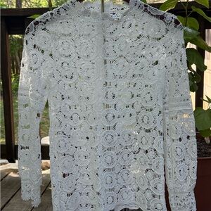 White Crochet Lace Long-Sleeve Blouse - Feminine Sheer Top